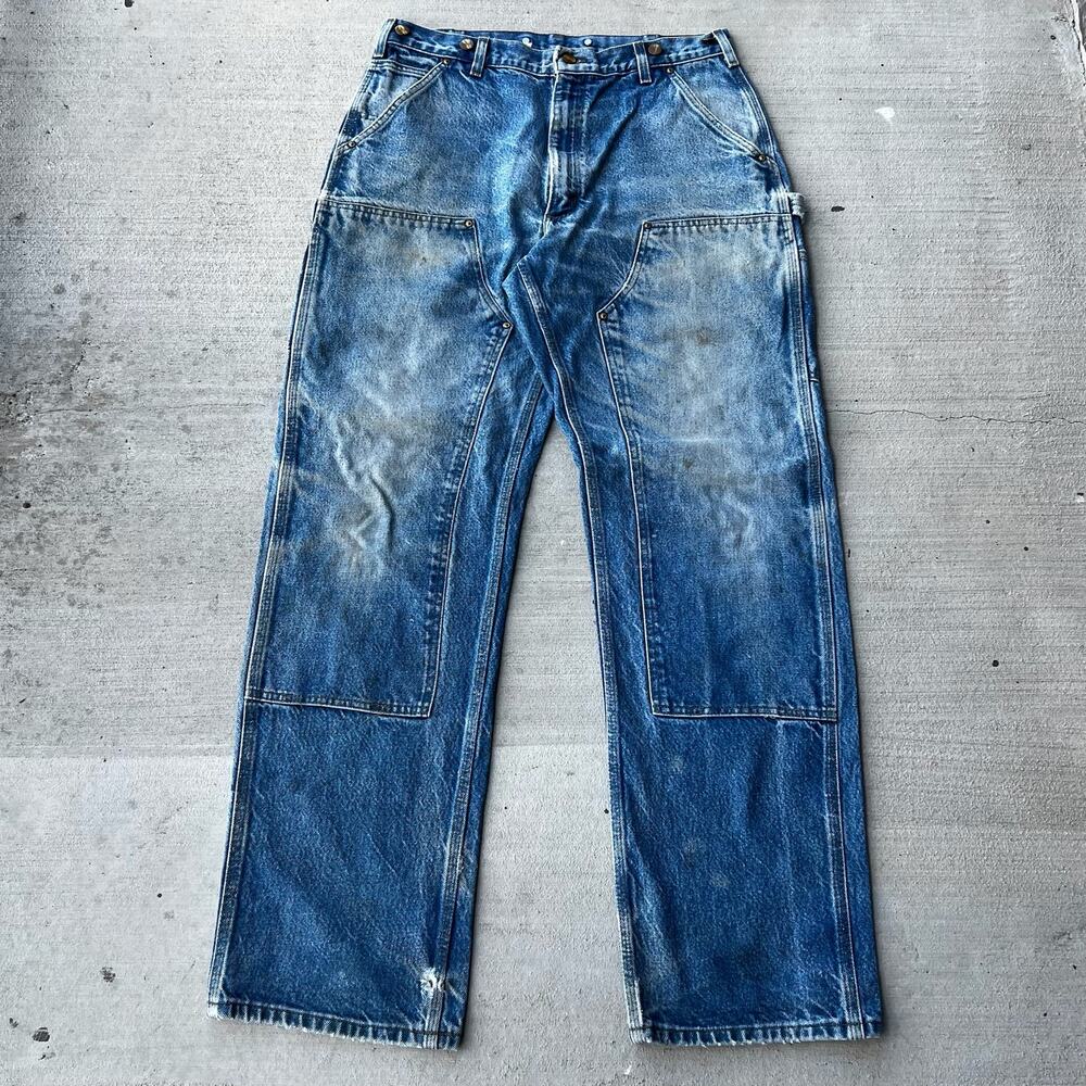 Carhartt faded denim blue jean double knee work wear carpenter pants